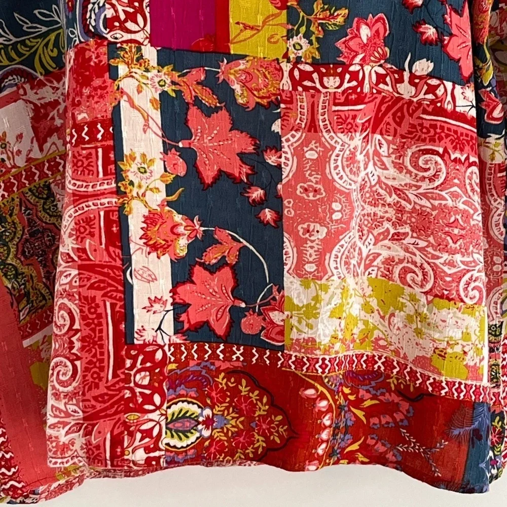 Jones New York Patchwork Floral Paisley Boho Blouse 3/4 Tie Sleeve 1X